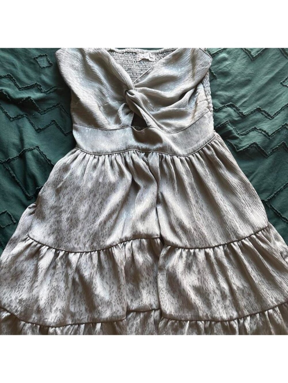 Olive metallic mini dress with ruffled tiers #party #glam #boho #flowy